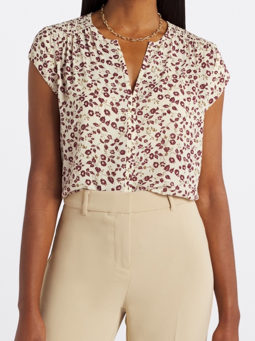 New Monday Smocked Shoulder Floral Cap-Sleeve Blouse - Cream with Burgundy Print